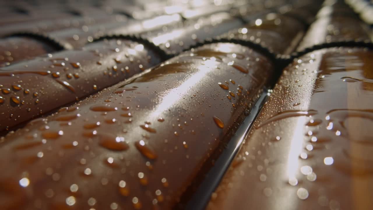 Camera tracking curved glazed terracotta tiles, revealing droplets and rivulets as sunlight glints