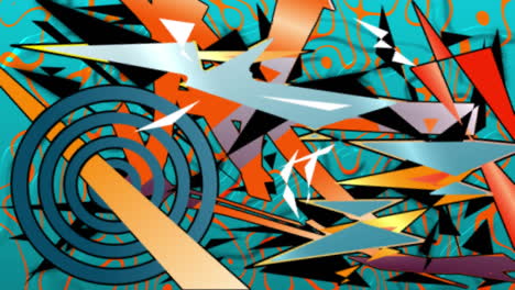 animation of multiple, colourful cartoon shapes appearing over blue and orange liquid background