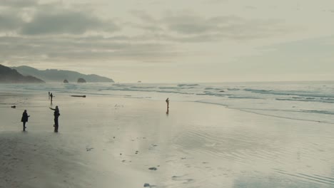 4k aerial people on beach in oregon drone dolly in + job down