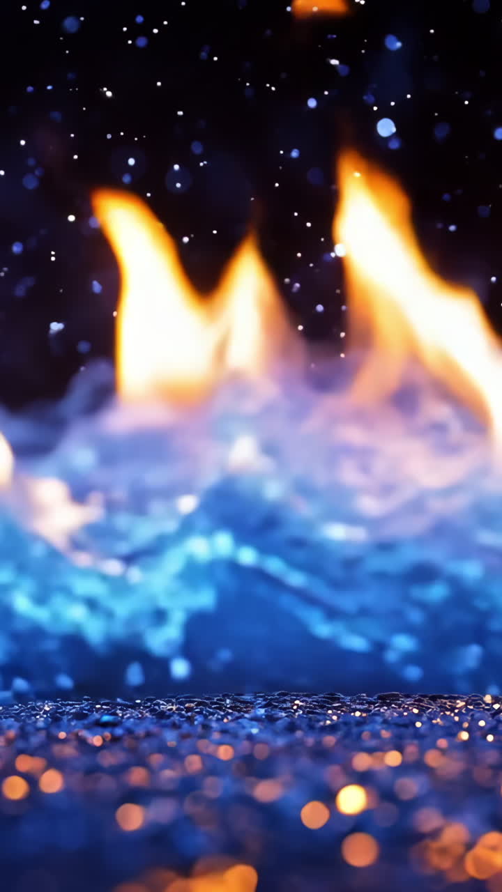 A blue and orange flame with a blue wave in the background. The blue wave is surrounded by a lot of sparkles