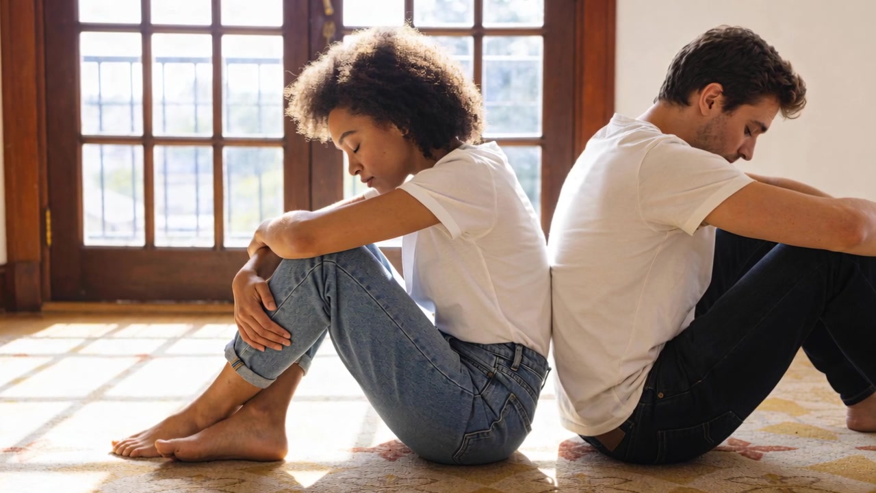 Sitting couple in white tees lowering chins back-to-back on rug, light streaming via glass doors