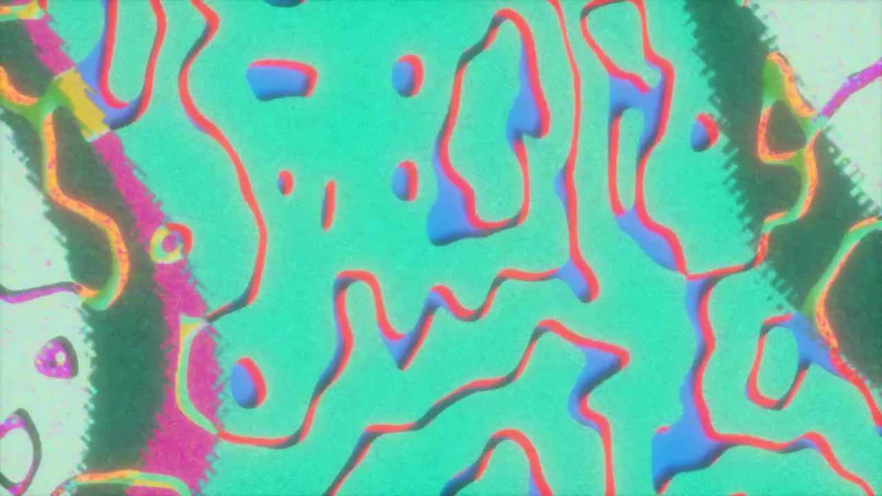 Neon pastel retrowave liquid pulse loop, teal coral cyan flowing cell morphing glitch background.