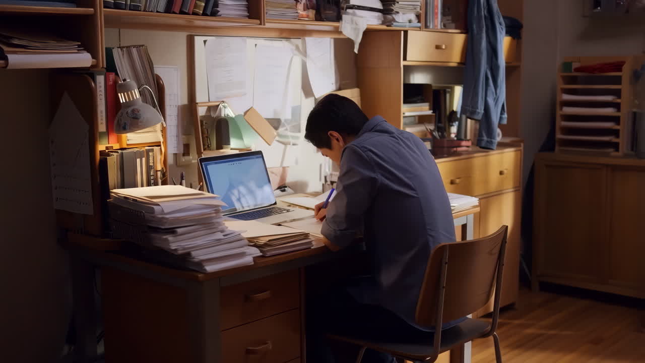 Man experiencing back pain while working at a cluttered desk