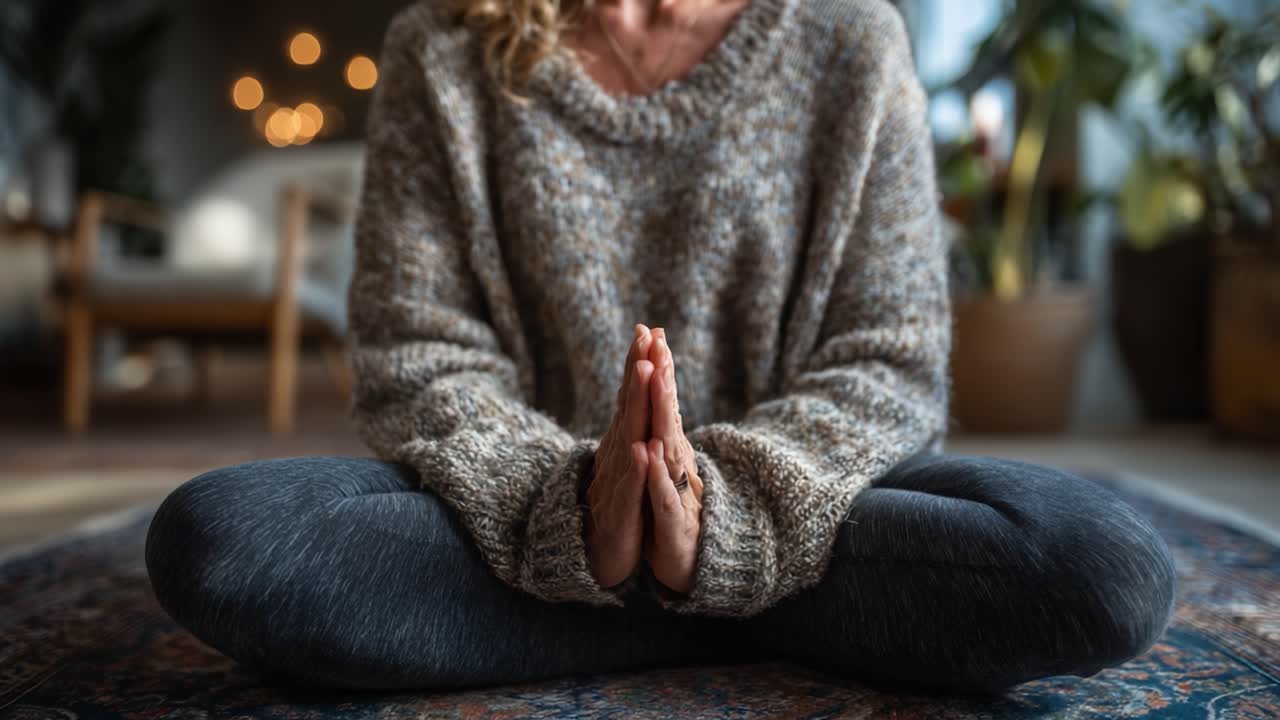 Un momento sereno di consapevolezza: catturare la quiete e la pace attraverso la meditazione in un ambiente interno accogliente con illuminazione calda e un'atmosfera calma.