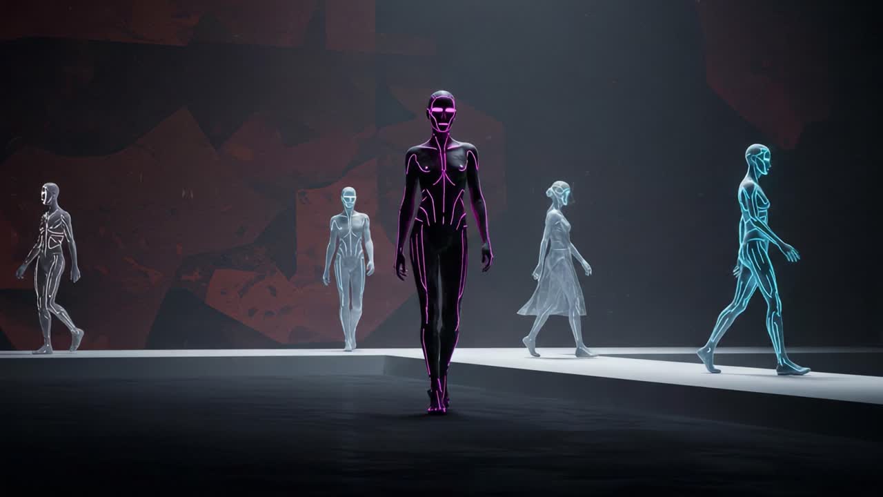 Futuristic Fashion Showcase: A Stunning Display of Illuminated Figures on a Digital Runway, Blending Technology and Artistry in a Captivating Visual Experience