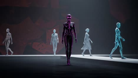 futuristic fashion showcase: a stunning display of illuminated figures on a digital runway, blending technology and artistry in a captivating visual experience