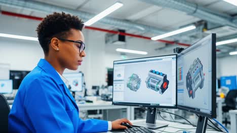 an engineer analyzes engine components in a modern office setting, utilizing advanced design software on dual monitors for precision and collaboration