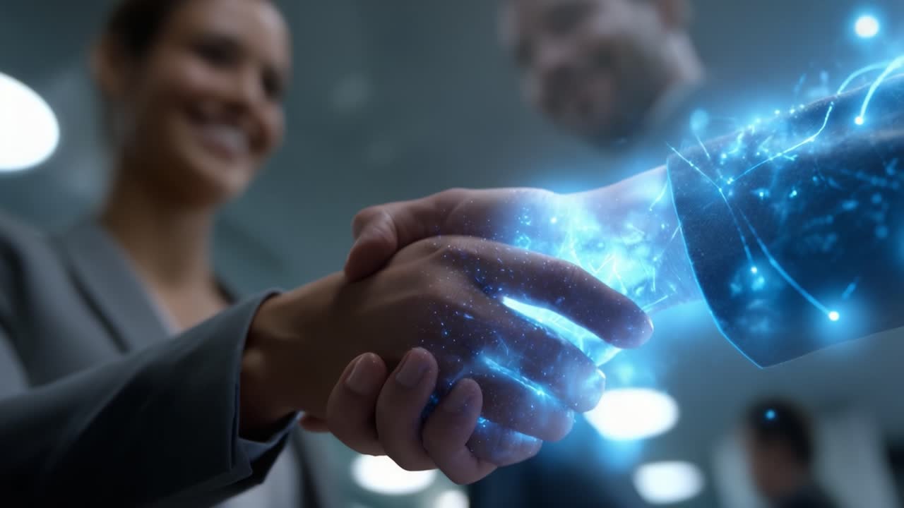 Una stretta di mano che rappresenta fiducia e collaborazione, arricchita da effetti digitali, simboleggia il futuro delle partnership e dell'innovazione in un ambiente professionale.