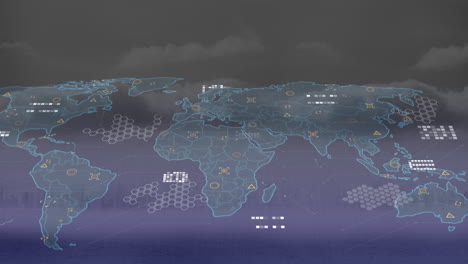 animación del mapa del mundo y procesamiento de datos frente a una vista aérea del paisaje urbano