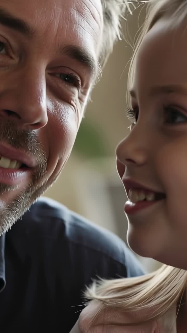 Vertikales Video: Ein flüsternder Vater im dunklen Oberteil bringt seine Tochter im pinken Top zu Hause zum Lachen, Pflanze, innige Momente.