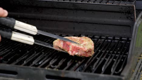 Two-raw-rib-eye-steaks-get-set-on-a-grill-getting-ready-to-cook