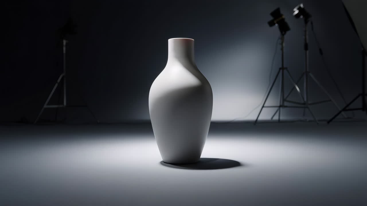 A white minimalist vase illuminated by a spotlight in a dark studio