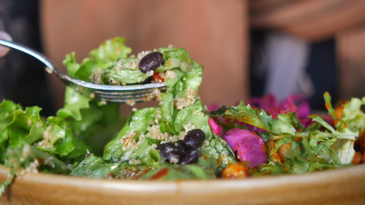 A close-up shot of a fresh salad