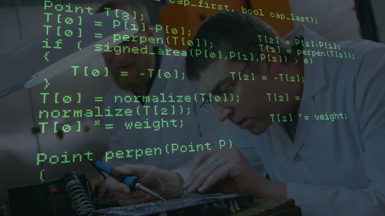 Animation of data processing over two caucasian male scientist