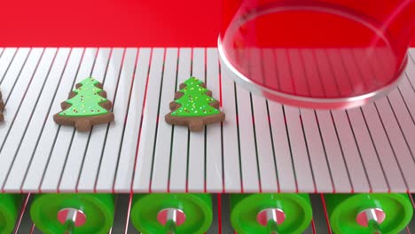 christmas cookies in the form of christmas trees moving along a conveyor. santa's christmas toy factory at the north pole. conveyor belts with christmas presents. seamless looping 3d animation 4k