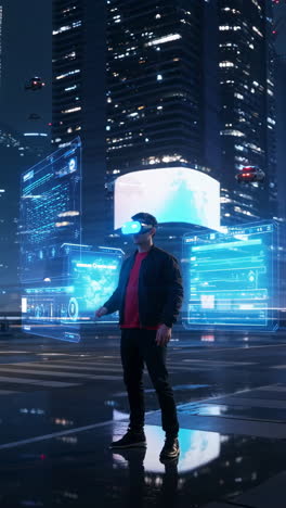 man interacting with holographic interfaces in a futuristic city at night