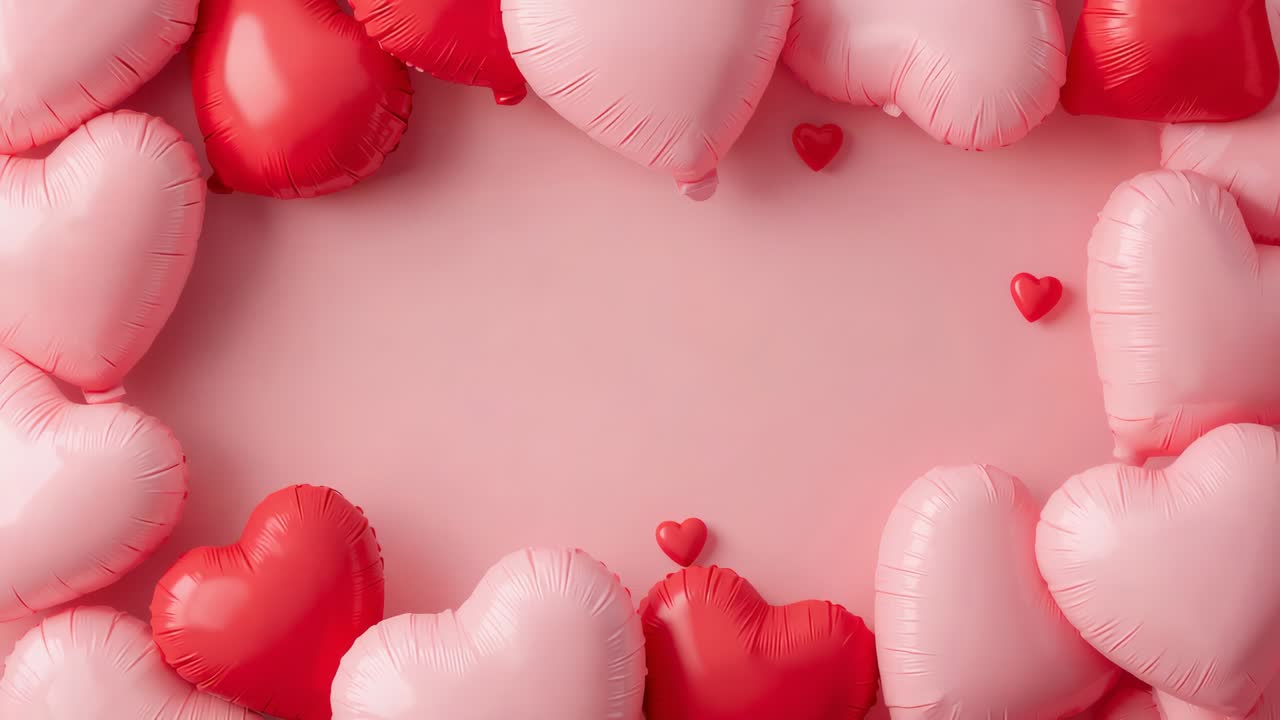 Anillo con globo en forma de corazón brillante sobre un fondo rosa mate después de la instalación, con dos corazones rojos