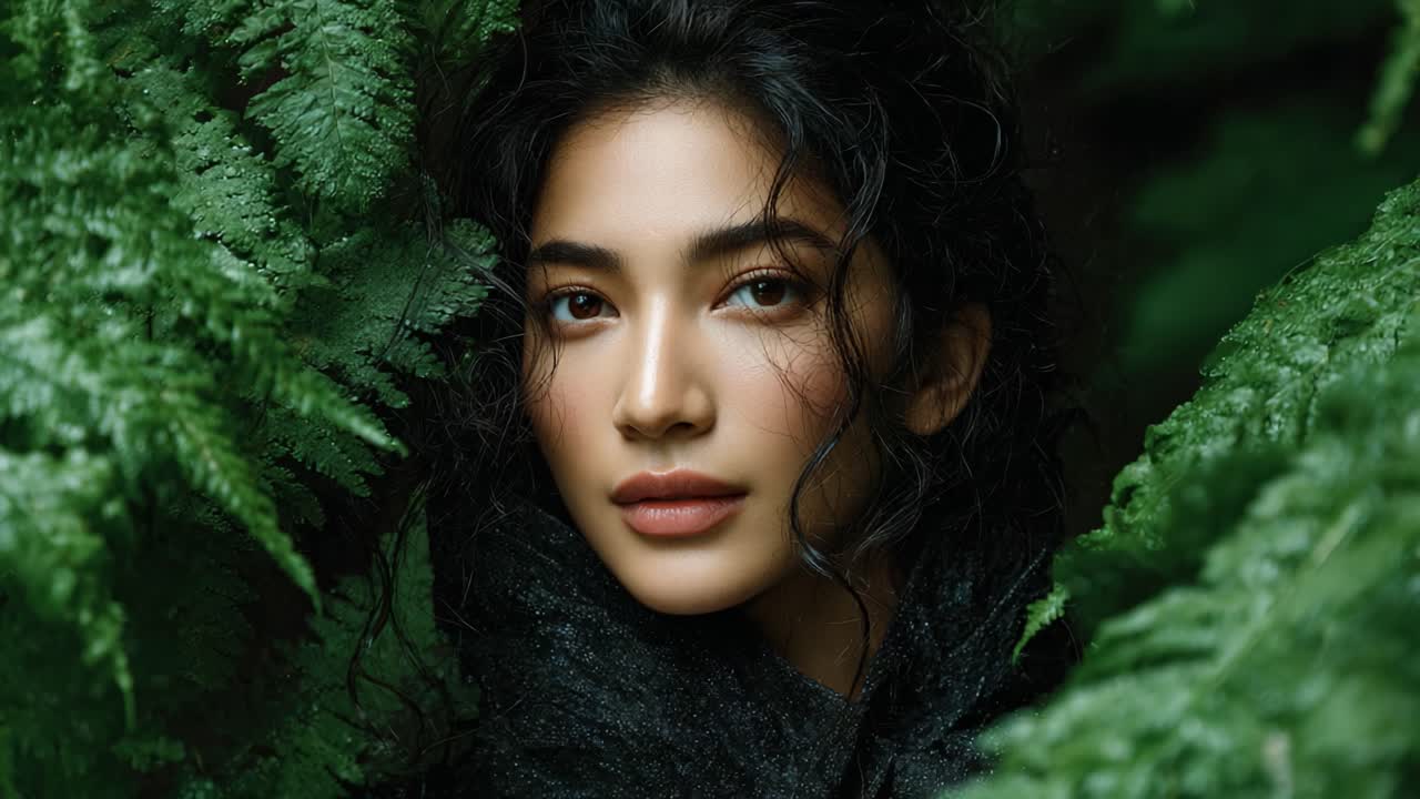 A Heartfelt Gaze – Captured Beauty Amidst Lush Greenery, Highlighting Natural Elegance and Serenity Through a Striking Portrait Embraced by Nature's Embrace
