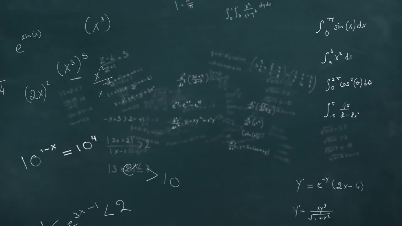 Mathematical equations and formulas animation over dark background