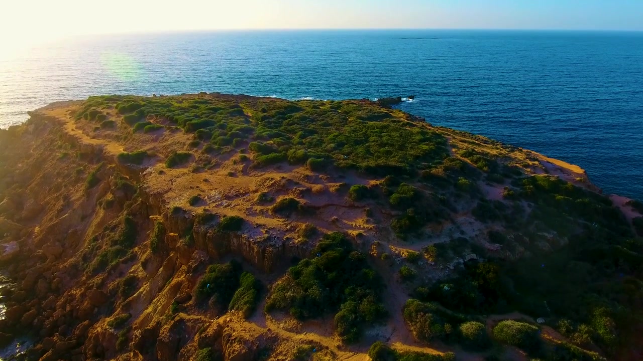 Una piccola isola in mezzo al mare con gabbiani in volo al tramonto, con un cielo arancione e blu.