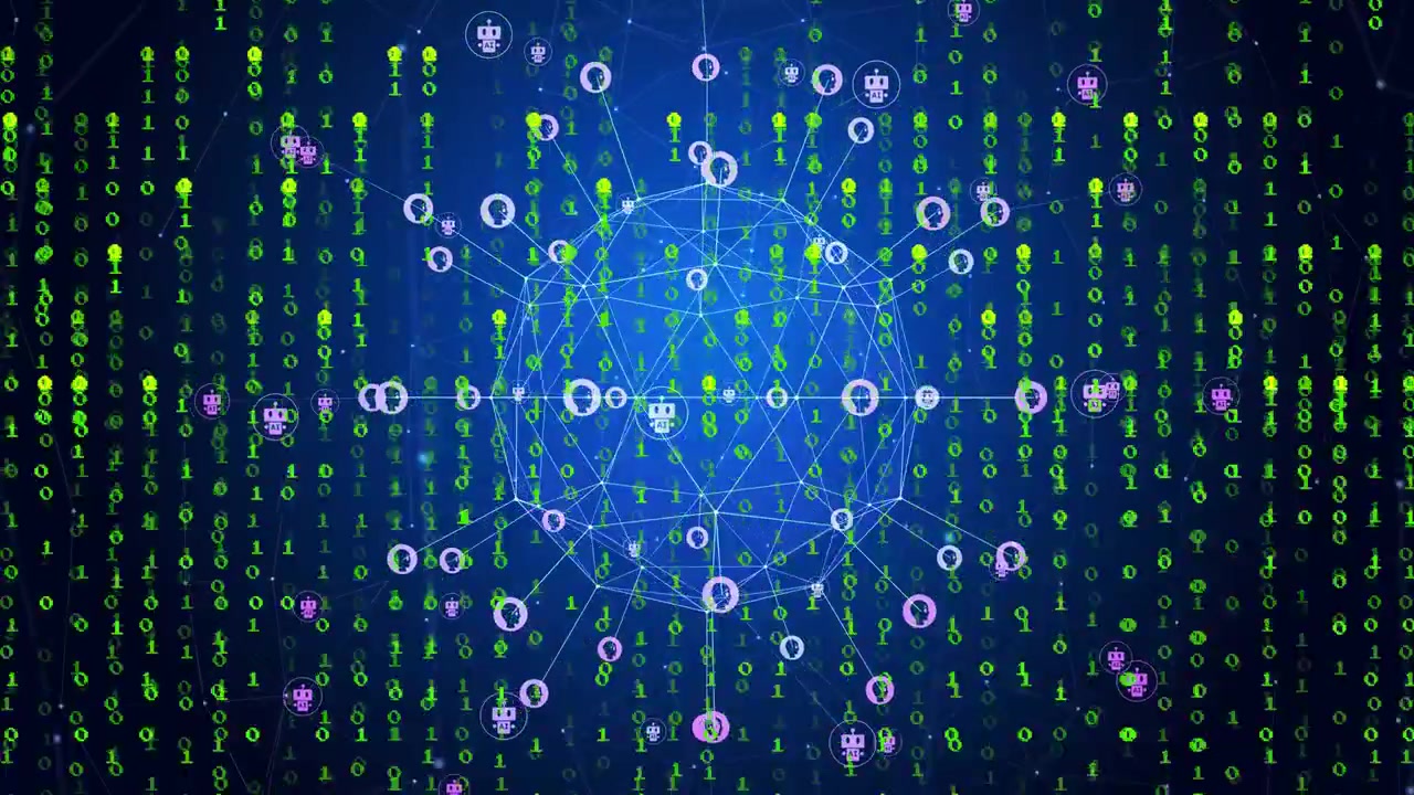 Binary columns cascading starting blue mesh sphere pulsing rotating linking nodes showing data flow