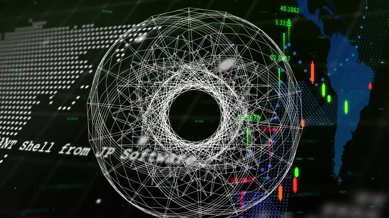 세계 지도와 검은색 배경에 기하학적 모양에 대한 금융 데이터와 그래프의 애니메이션