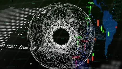 animación de datos financieros y gráficos sobre el mapa del mundo y formas geométricas sobre fondo negro