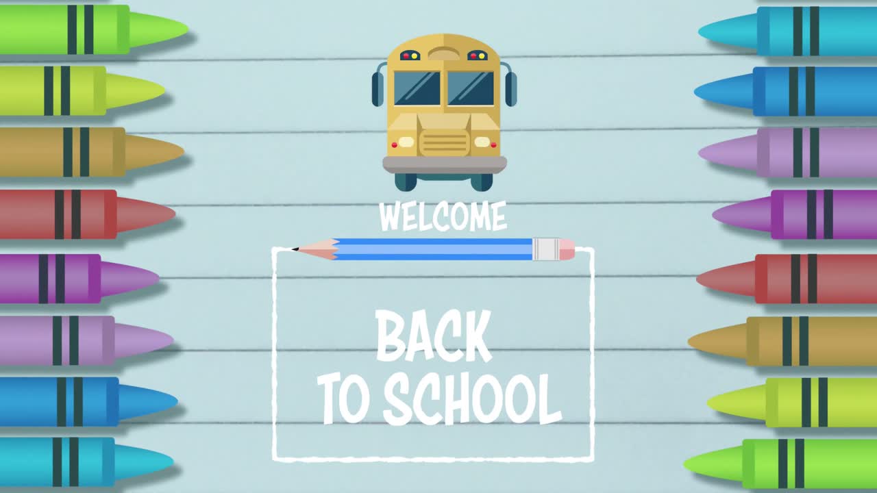 Welcome back to school text against multiple crayons and school bus icon