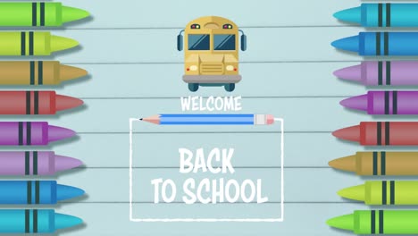 Welcome-back-to-school-text-against-multiple-crayons-and-school-bus-icon