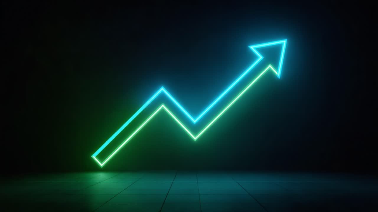 A Vibrant Neon Graph Demonstrating Positive Growth, Lighting Up the Dark Space with a Dynamic Arrow Symbolizing Progress and Success