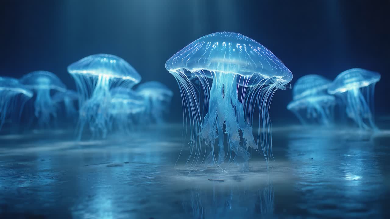 Mesmerizing Underwater World: A Stunning Display of Ethereal Blue Jellyfish Gracefully Floating in a Serene Aquatic Environment with Glowing Bioluminescence
