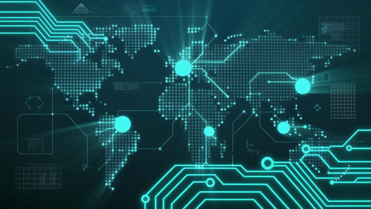 Animated Digital World Map with Circuit Board Connections