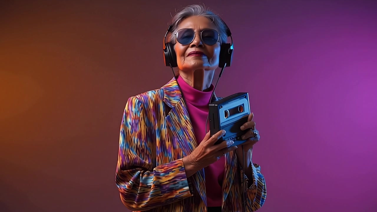Elegante donna anziana che ascolta musica con un registratore a cassette retrò.