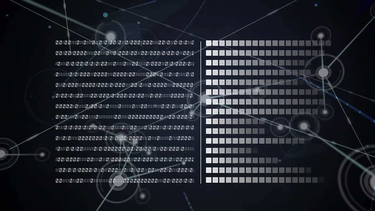 Animation of binary coding data processing and network of connections