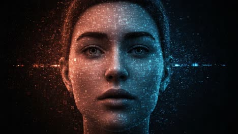 a futuristic portrait of a young woman surrounded by digital data, blending technology and humanity in a vivid blue and red color scheme