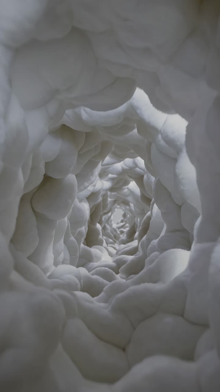 Tunnel a spirale bianco astratto che mostra texture morbide e profondità in una sequenza di movimento continuo