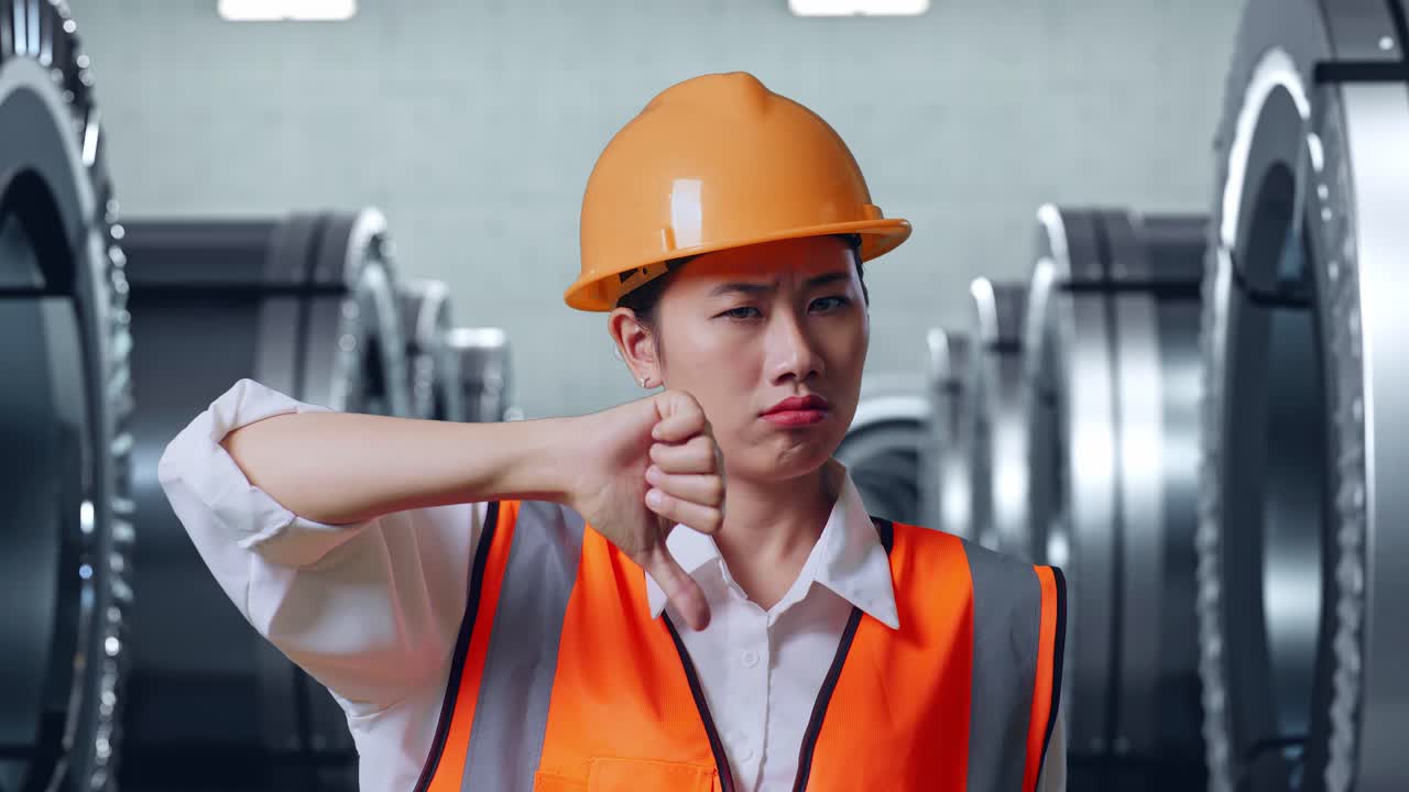 안전 헬을 착용한 아시아 여성 엔지니어가 엄지손가락을 내려놓고 머리를 흔들며 금속 공장에서 서 있습니다.