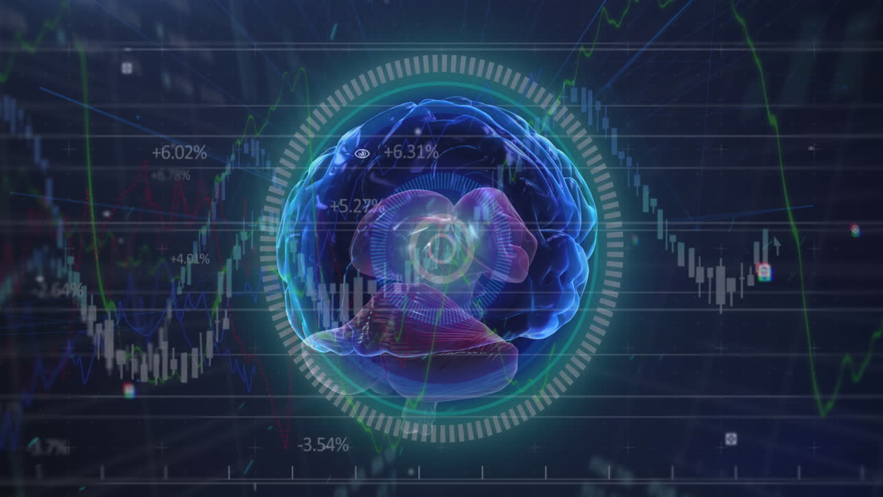 Human brain spinning over round neon scanner against stock market data processing on blue background