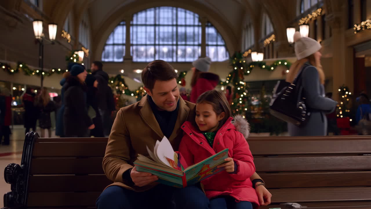 Father and Daughter Reading a Book at Christmas