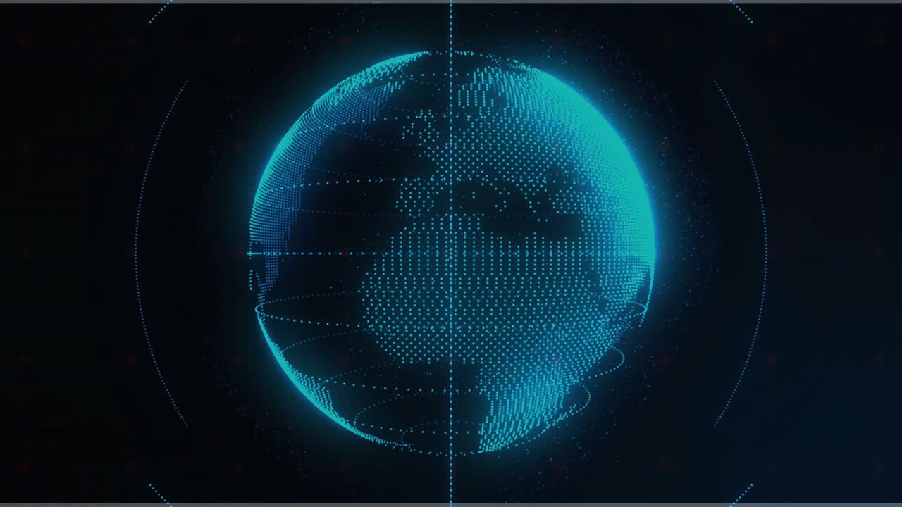On load stylish globe rotating, device icons orbiting along thin white lines showing network links