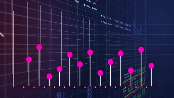 Animation of financial data processing over grid on dark background
