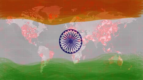 composition of covid 19 cells over indian flag and world map