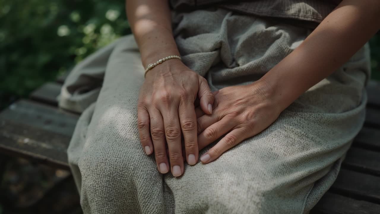 Resting woman's hands palm-down on lap on bench, shifting subtly while on break, beaded bracelet