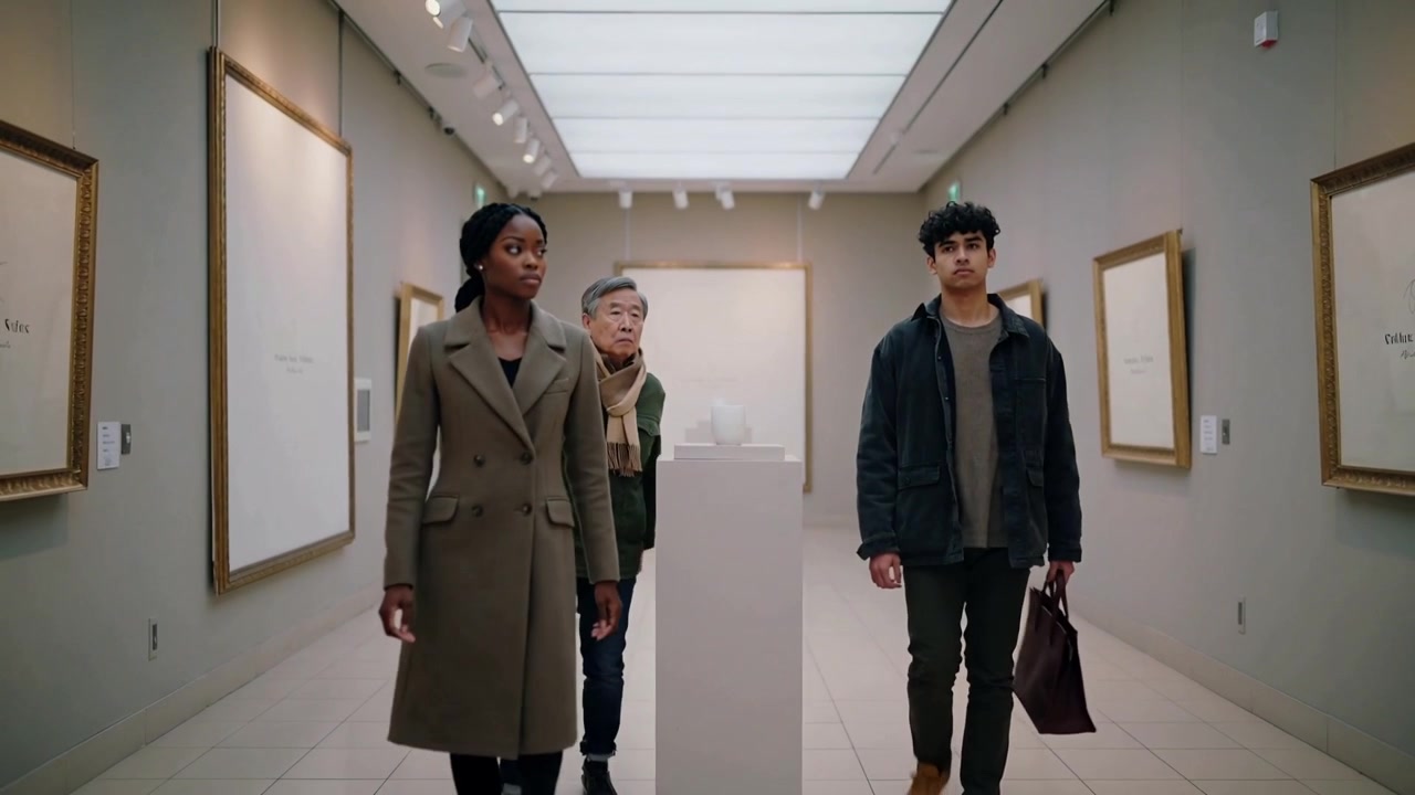 Entrando in galleria, tre visitatori camminano verso l'obiettivo per vedere un piedistallo e opere d'arte, con cappotto color oliva e borsa tote