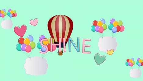 animation of shine text over colorful balloons on green background