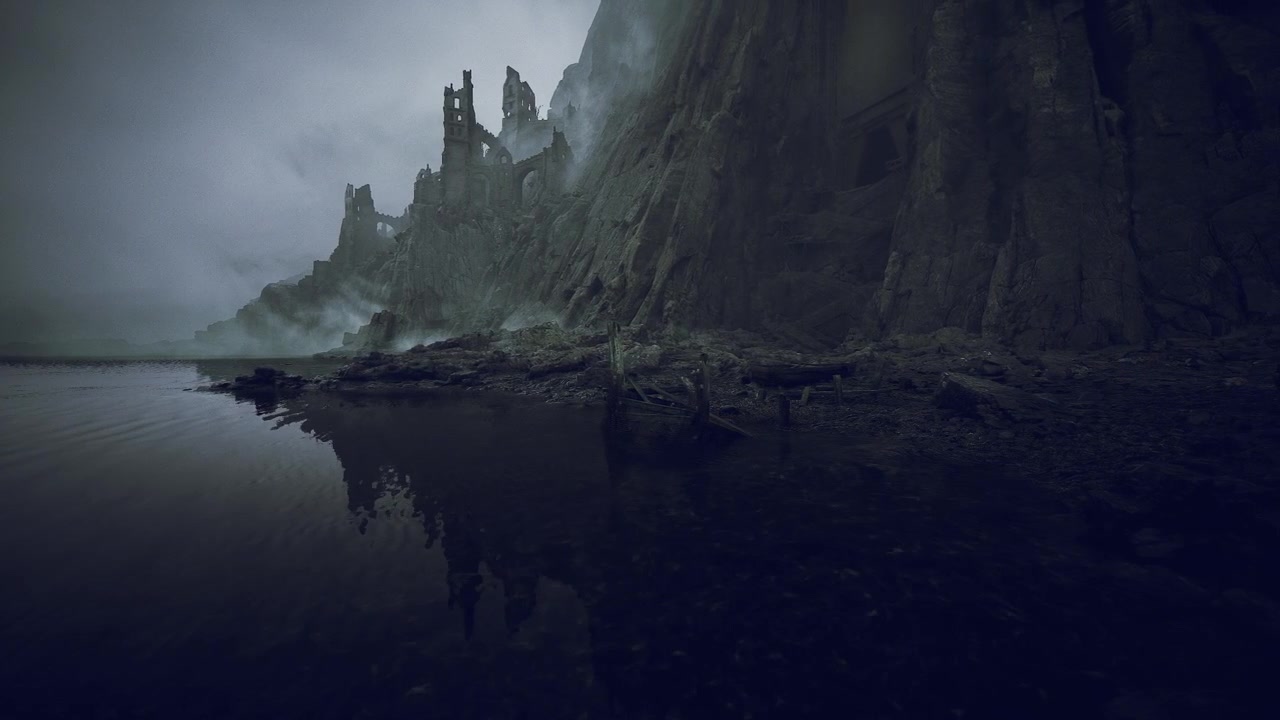 Chilly blue gray tones with rugged cliffs and distant castle silhouettes