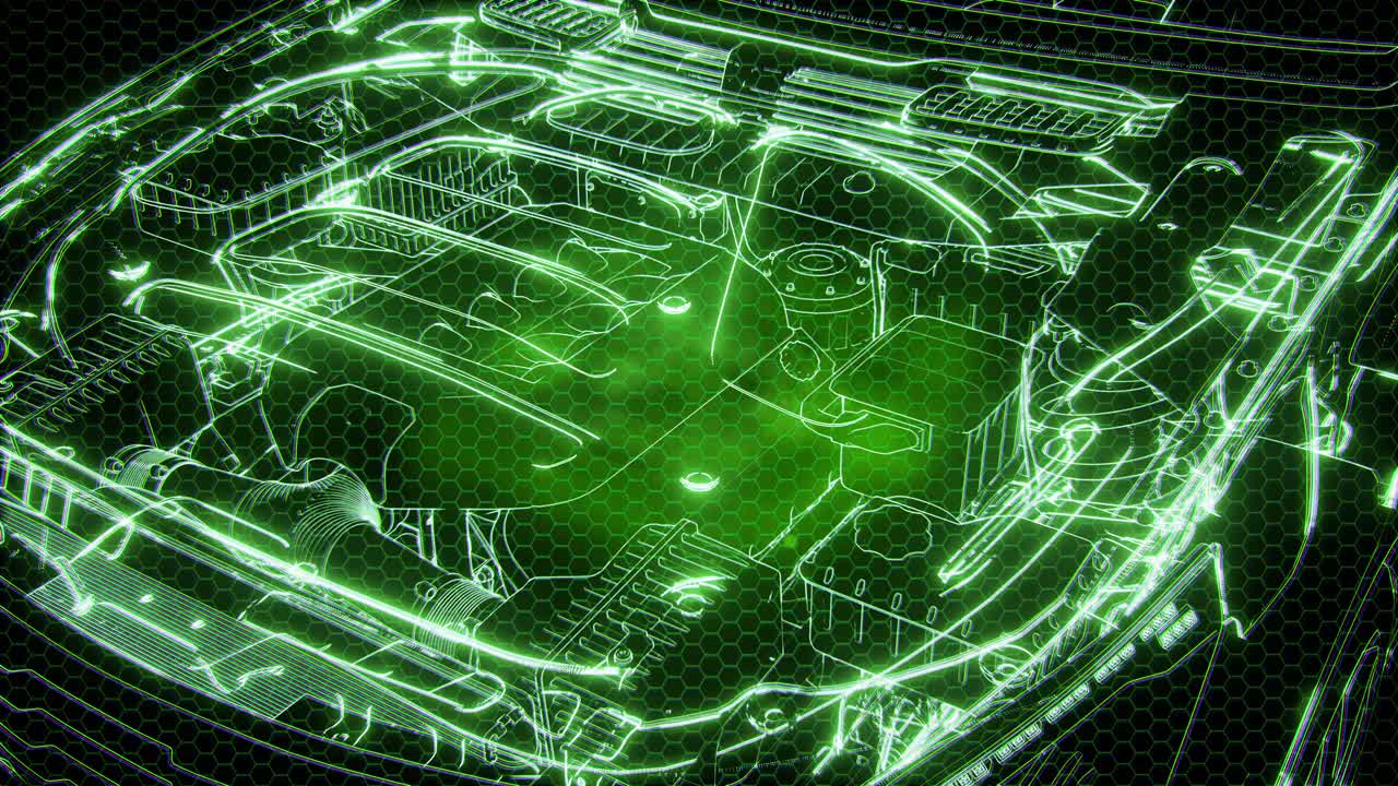 animación holográfica de un modelo de coche 3d con motor