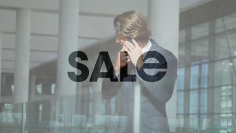 sale text animation over businessperson talking on smartphone in modern office