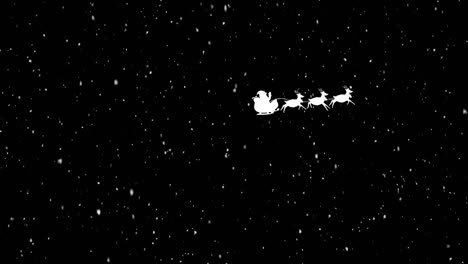 snow falling over santa claus in sleigh being pulled by reindeers against black background