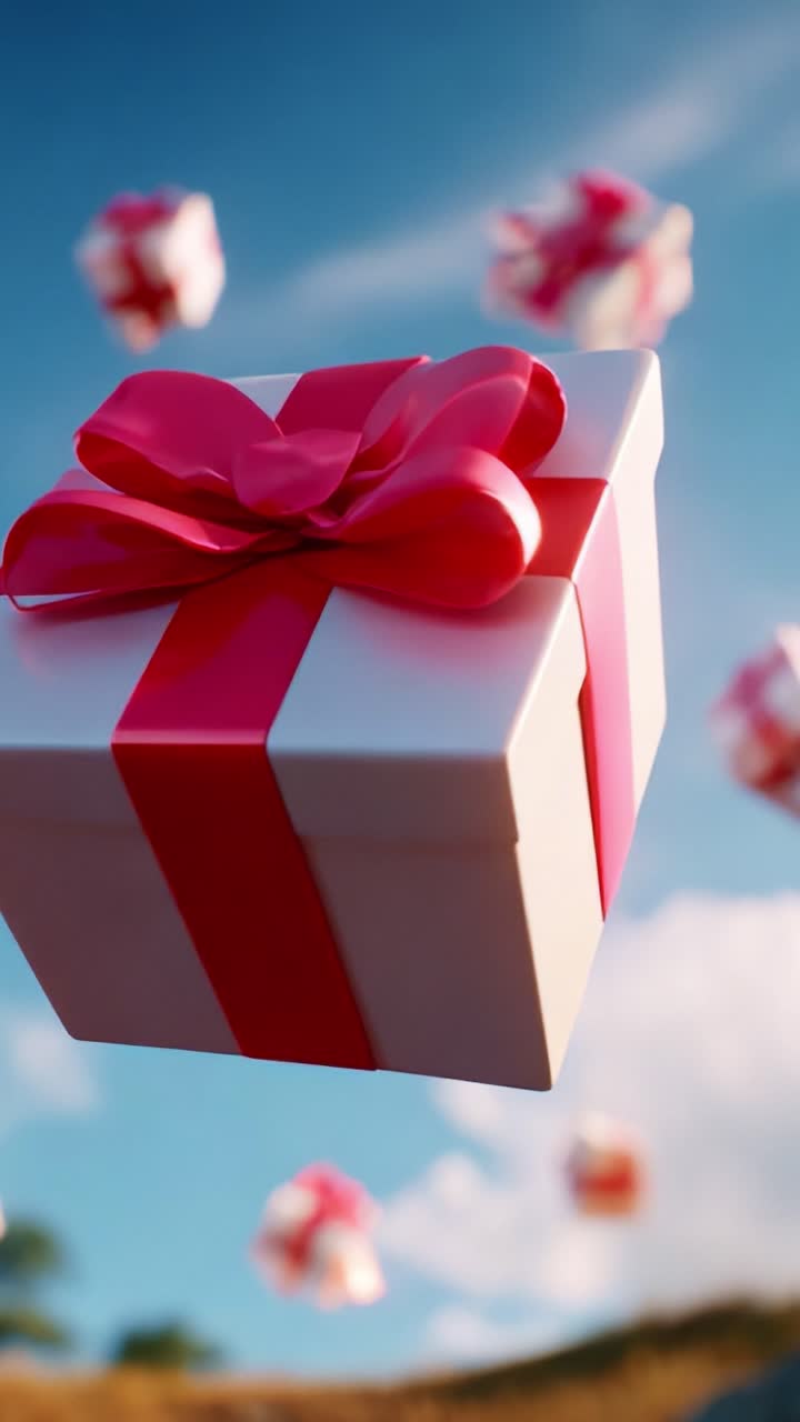 A Magical Scene of Floating Presents: Celebrating the Joy of Surprises in the Sky with Beautifully Wrapped Gifts, Colorful Bows, and a Uplifting Blue Background Hinting at Festive Excitement and Anticipation